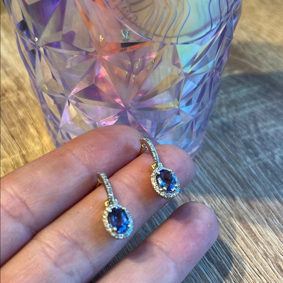 14k Gold diamond tanzanite Drop Earrings. Oval Gemstones with diamond Pavé Halos - Picture 3 of 13